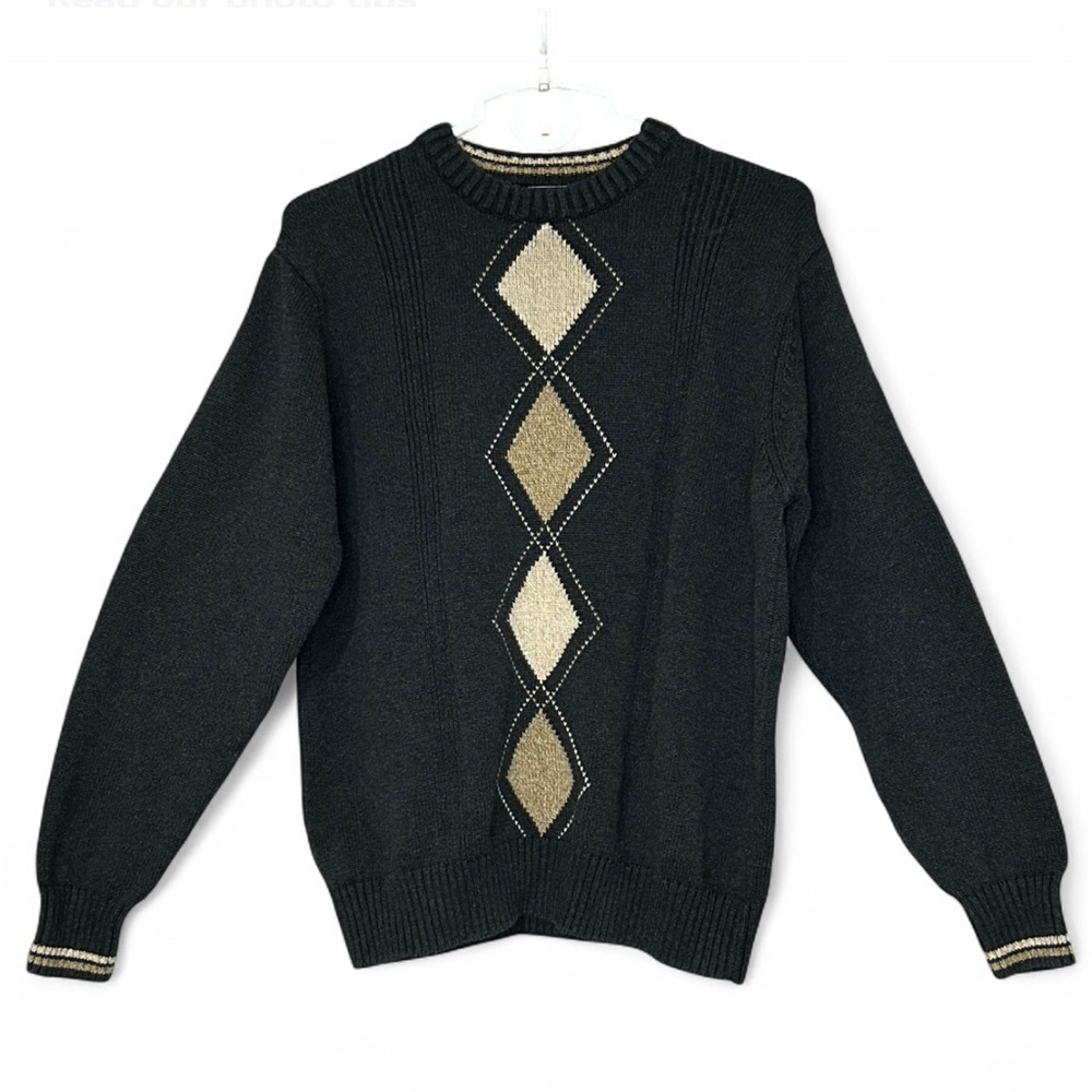 DOCKERS Black and Tan Argyle Crewneck Sweater M Pull-Up Knitwear Exellent Cond.